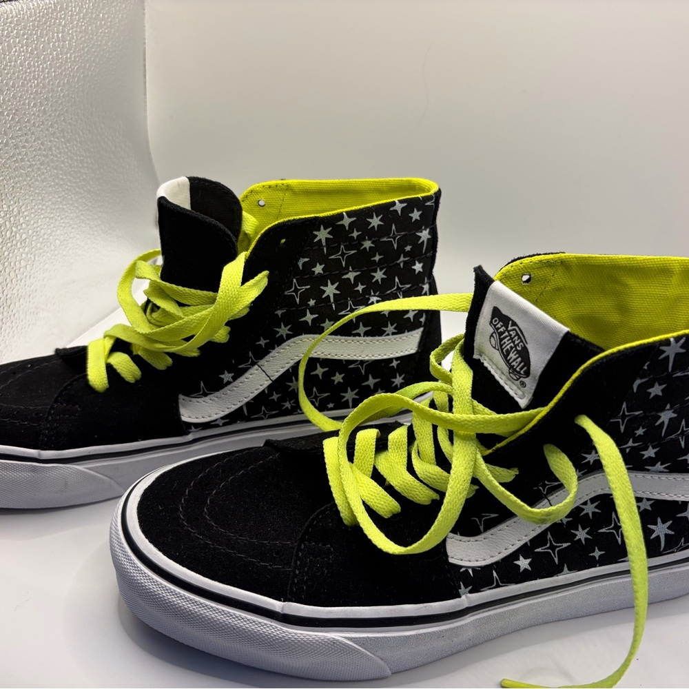 Vans High-Top Sneakers - Black and Neon Yellow Star Design